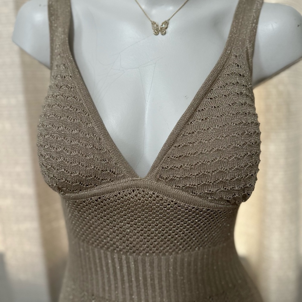 One of a kind dress with golden accents.